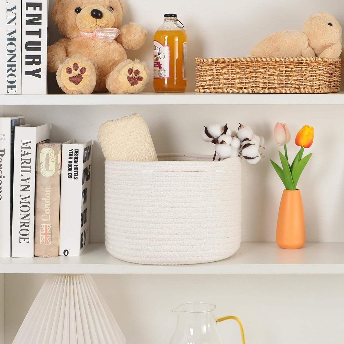 Small Basket for Organizing | Cube Shelf Closet Storage Baskets | 9.7×9.7×7.1” | Woven Rope Gift Basket | Nursery | Round 3 Packs Off White
