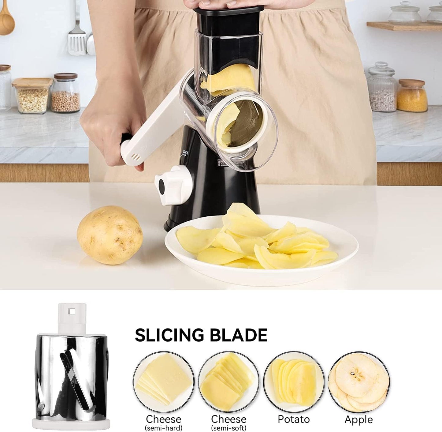 Rotary Cheese Grater Vegetable Shredder with Handle Round Kitchen Mandoline Slicer Grater for Nuts, Vegetable, Chocolate, Chesse - Black - 3 Replaceabe Stainless Steel Blades