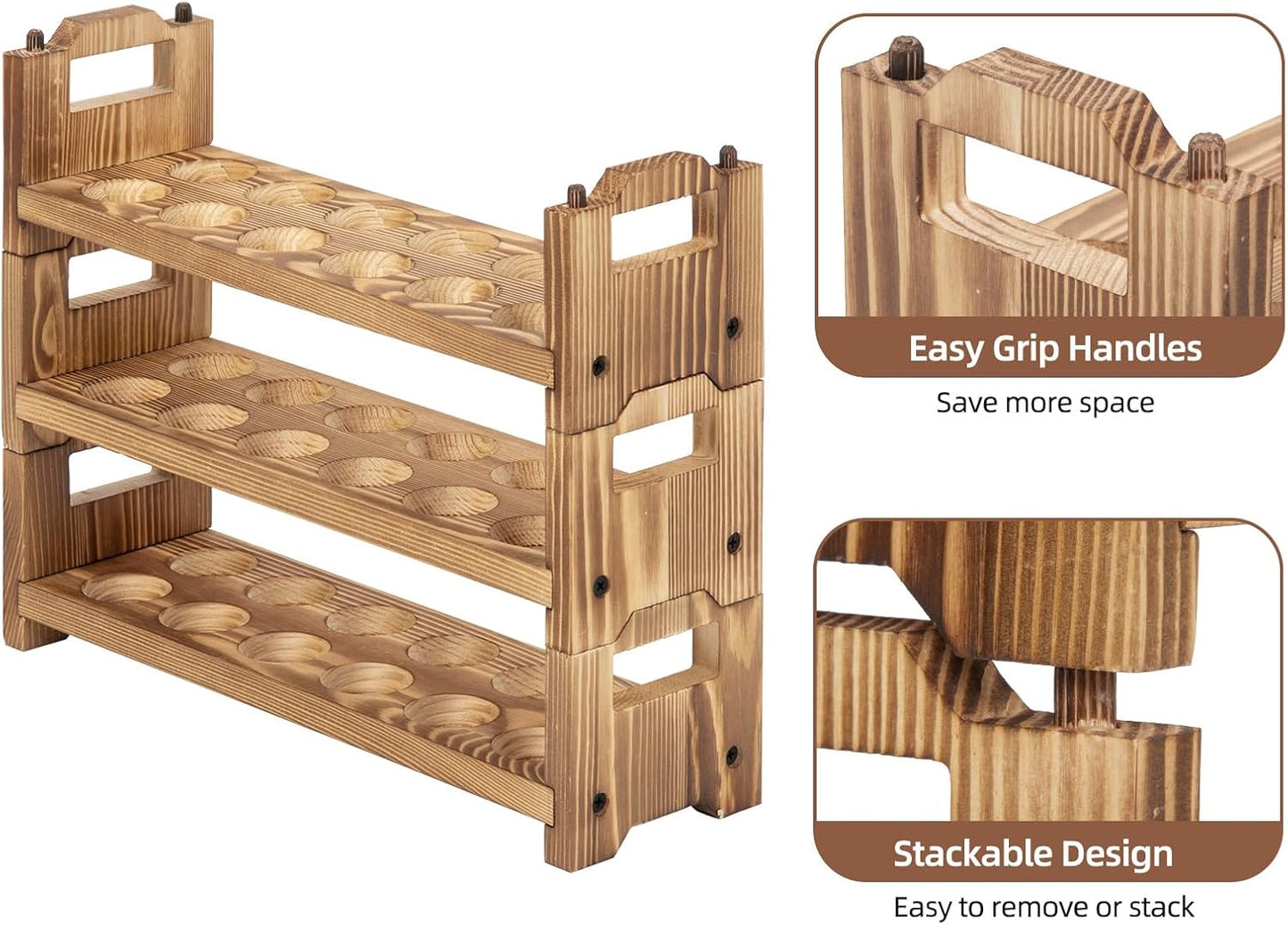Egg Holder Countertop, 3-tire Solid Wooden Egg Holder, Stackable Egg Storage Basket Holding Up to 36 Fresh Eggs, Chicken, Duck Eggs - Unfinished