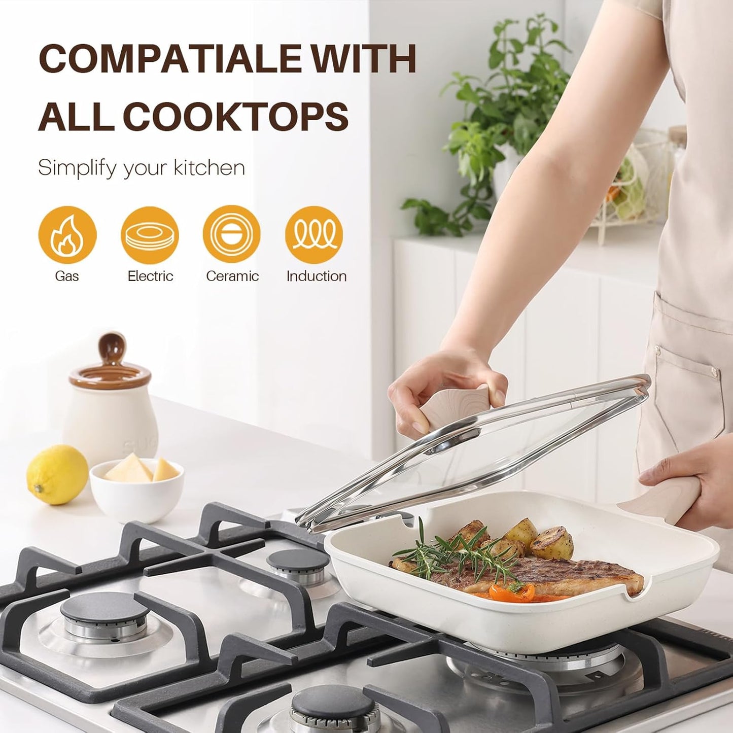 Nonstick Grilling Pan with Lid for Stove Tops, 9.5 Inch Square Grill Pan for Indoor Cooking, Healthy Coating Grill Skillet with Pour Spouts, Versatile Griddle, Induction Steak Pan, White