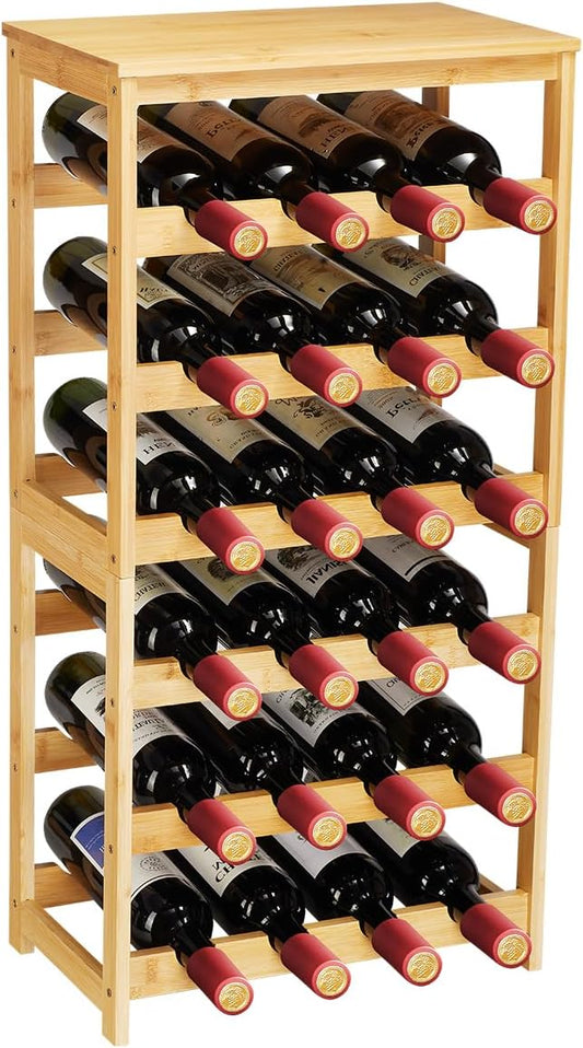 Wine Rack 24-Botttle Freestanding Floor, 6-Tier Wine Rack Shelf with Table Top, Bamboo Display Wine Storage Shelves Kitchen Bar Dining Room Living Room, Natural