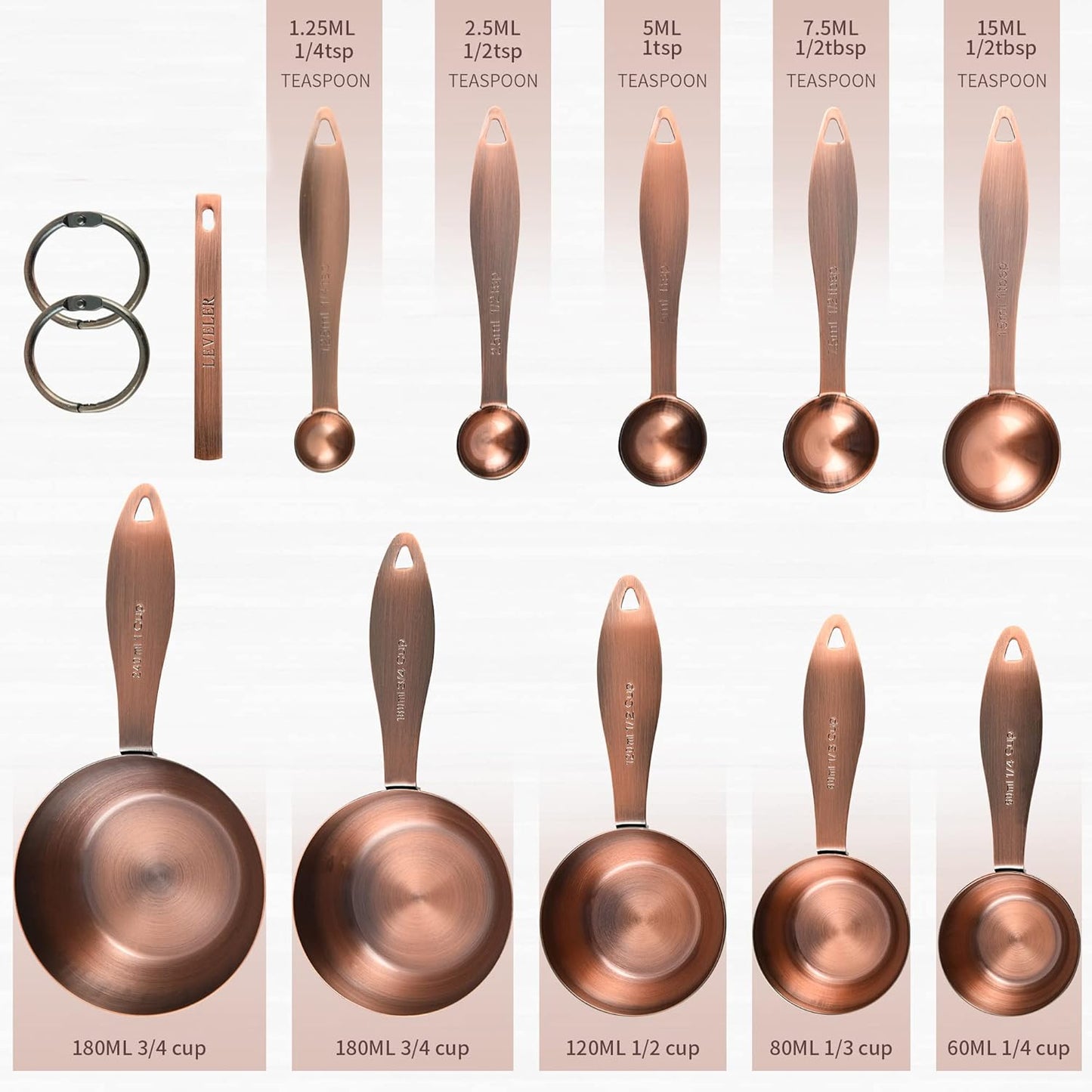 Copper Plated Measuring Cups and Spoons Set with 5 Copper Measuring Cups and 5 Measuring Spoons and Measure Ingredient Leveler and Rings, Metric & US Metal Measure Cups and Spoons for Baking & Kitchen