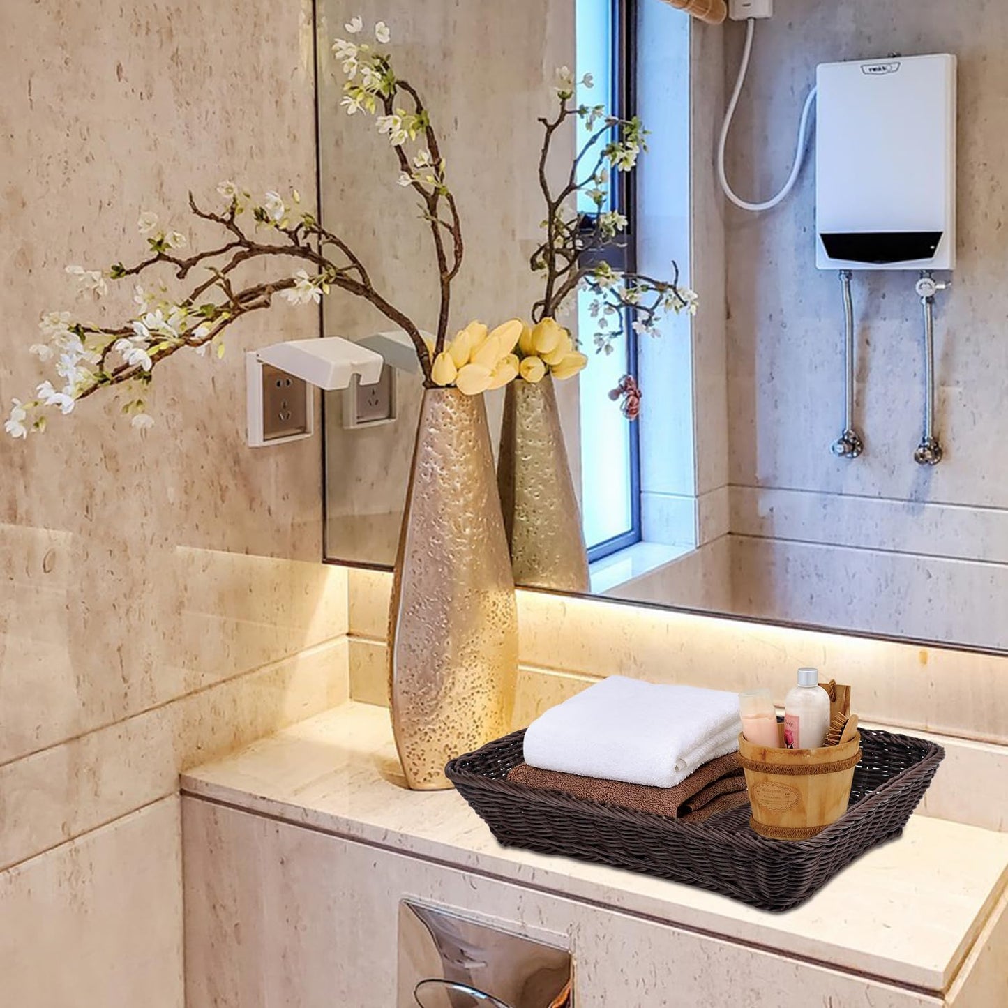 6 Pack 16 Inch Deep Coffee Wicker Bread Basket, Handmade Woven Organizer, Rectangular Fruit Baskets, Snack Basket Food Serving Baskets for Dining Table, Candies, Crackers, Fruit, Vegetables