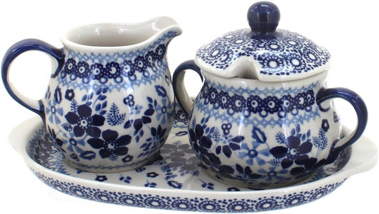 Blue Rose Polish Pottery Vintage Blue Daisy Sugar & Creamer with Tray