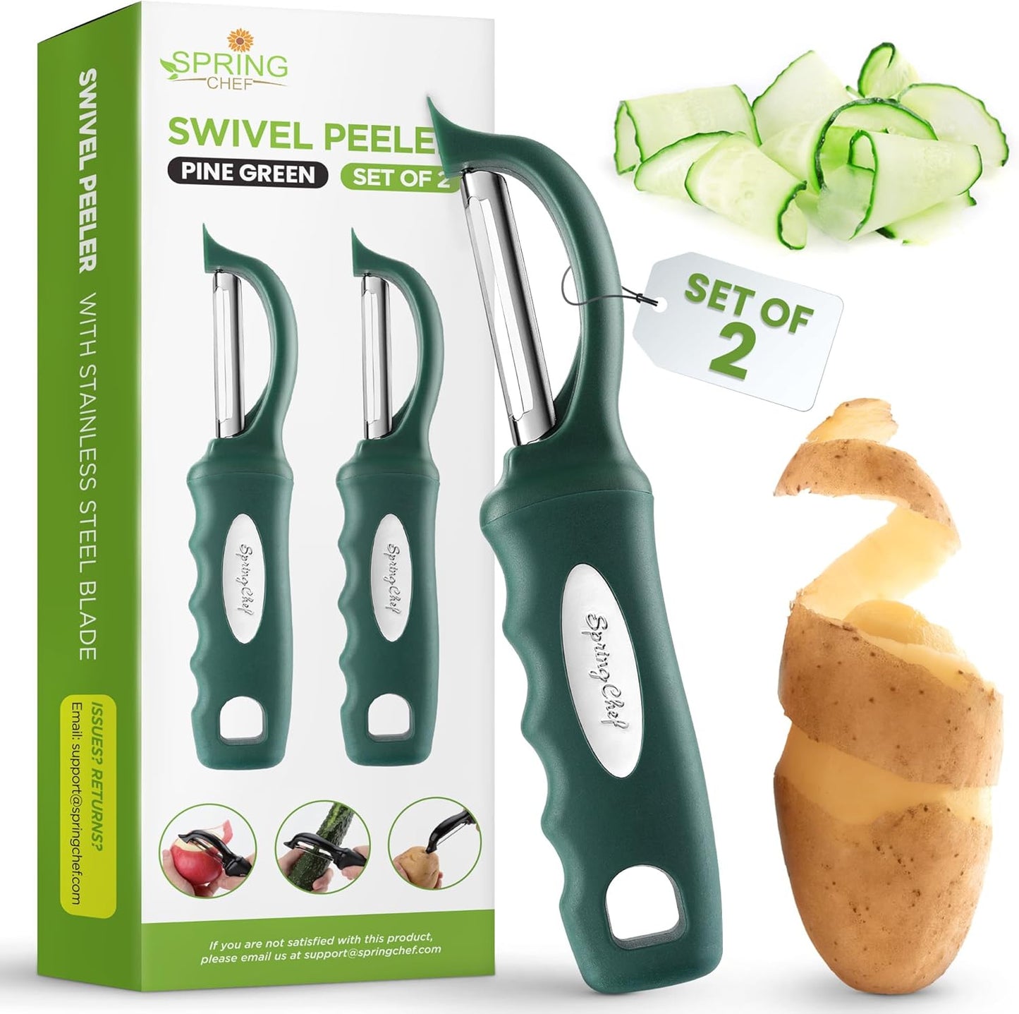 Spring Chef Premium Swivel Vegetable Peelers for Kitchen, Stainless Steel Apple Peelers with Soft Grip Handle and Sharp Blades, Perfect for Potato, Carrot, Mango, Cucumber - Set of 2 - Pine Green