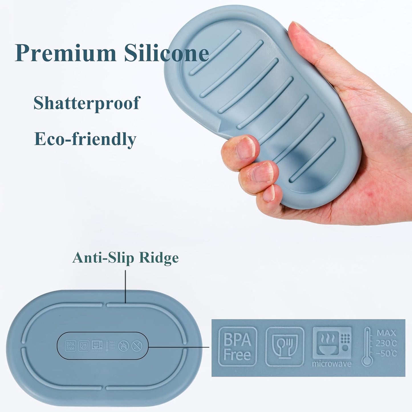 Self-Draining Oval-Shaped Silicone Soap Dish, Soap Holder/Tray/Saver for Shower, Bathroom, Kitchen, Keep Soap Dry, Easy to Clean (3, Light Color)