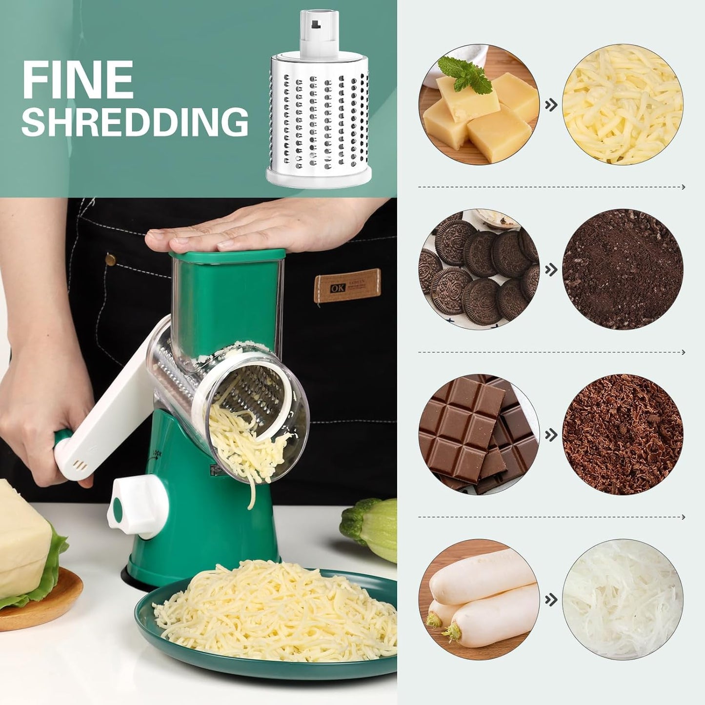 Cambom Rotary Cheese Grater Hand Crank Cheese Shredder for Fresh Cheese, Vegetable, Nuts,Non-slip Suction Base, Free Cleaning Brush Three Blades, Deep Green
