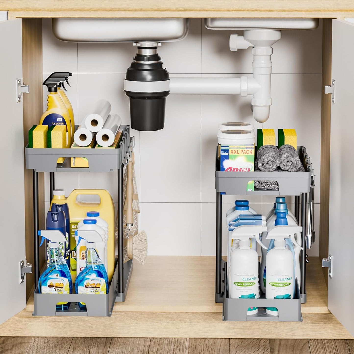 Delamu Under Sink Organizers and Storage, 2 Pack Pull Out Kitchen Bathroom Cabinet Organizer, 2 Tier Grey Under Sink Storage for Bathroom Kitchen