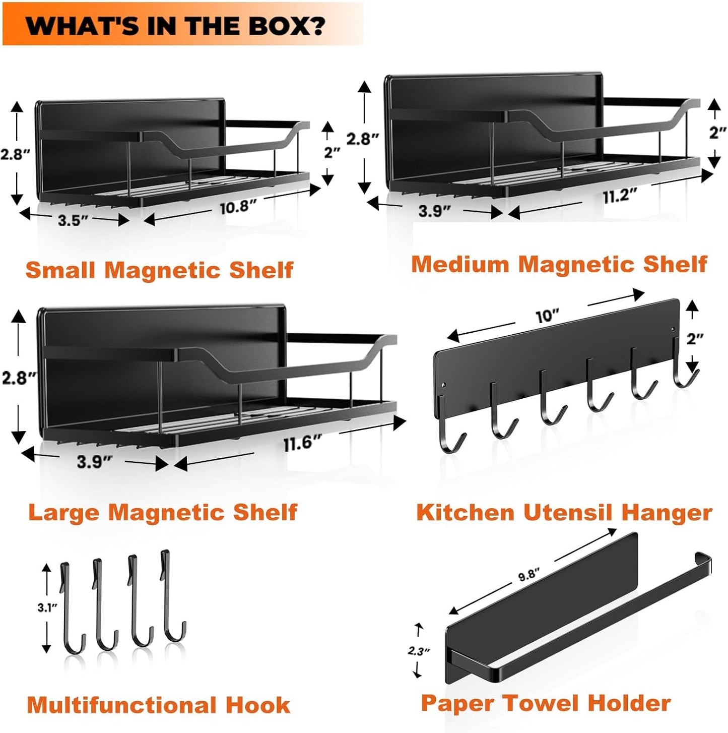 5 Pack Multifunctional Magnetic Shelves for Refrigerator Spice Rack & Washing Machine Organize, Include Paper Towel Holder, Kitchen Utensil Hanger and Hooks, Strong Magnet for Secure Hold (Black)