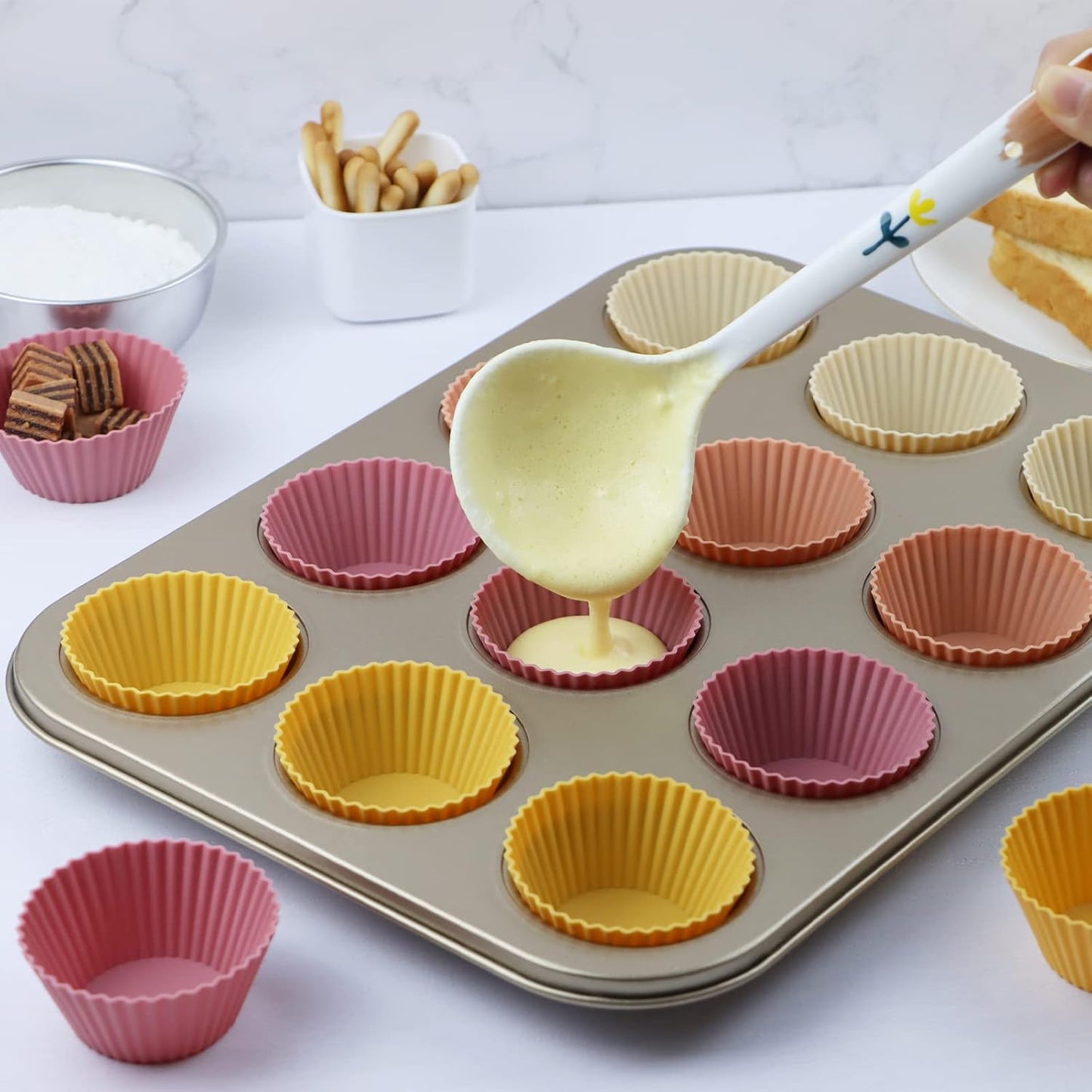 Silicone Baking Muffin Cups 12 Pack, Reusable Cupcake Liners Cake Molds, BPA Free, Dishwasher Safe (Orange Series, Standard)