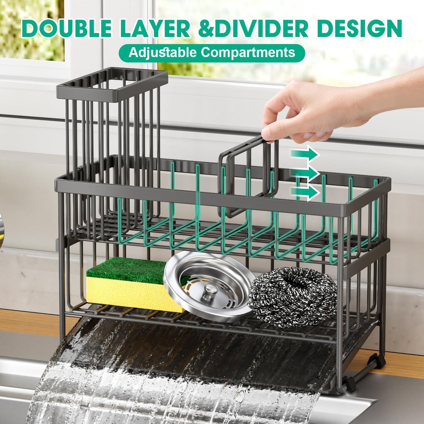 Sponge Holder for Kitchen Sink, 2 Tier Sink Caddy Organizer with High Brush Holder, Self-Draining Sponge Holder for Sinks, Soap Dispenser Organizer, Rustproof 304 Stainless Steel, Gray
