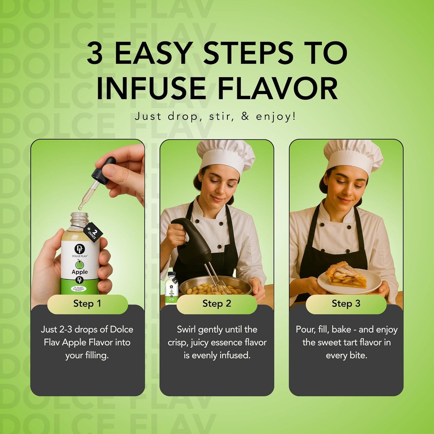 Dolce Flav Apple Extract – 2 Ounce Oil-Soluble Kosher, Sugar-Free, Concentrated Crisp Apple Flavoring for Baking, Chocolates & Desserts, Includes Measured Dropper