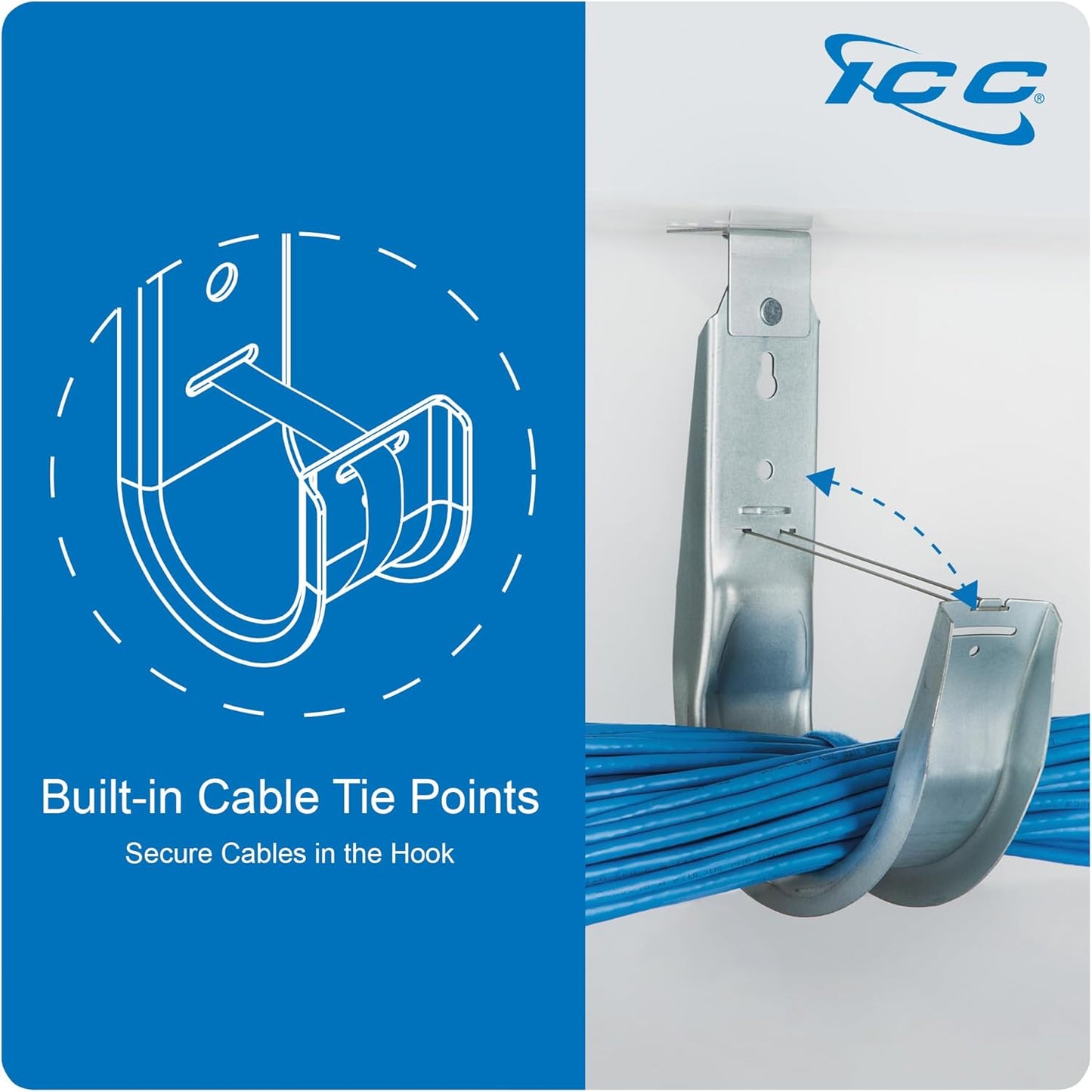 ICC Ceiling Mount J Hook 4” with Retainer Clip - Galvanized Steel Cable Management Hooks for Hanging Cable - Rust-Resistant, EIA and TIA Compliant - 4 Inch 25 Pack