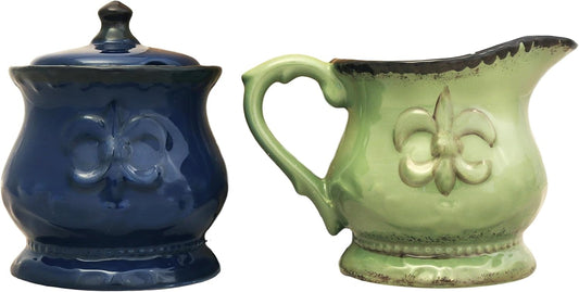 ACK Tuscany Colorful Ceramic Hand Painted Fleur De Lis Cream & Sugar Set of 2pcs