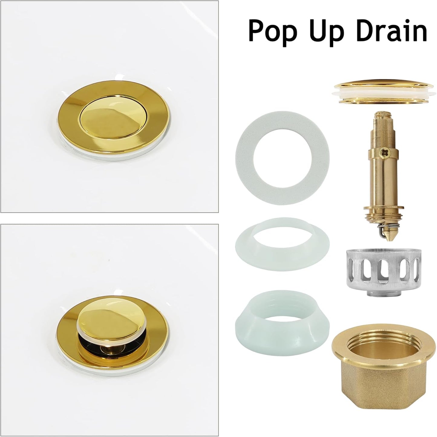 Bathroom Sink Drain,Drain Stopper Gold Stainless Steel Bathroom Sink Without Overflow,Small Cap Pop Up Drain Assembly with Detachable Strainer Basket,Built-in Anti-Clogging