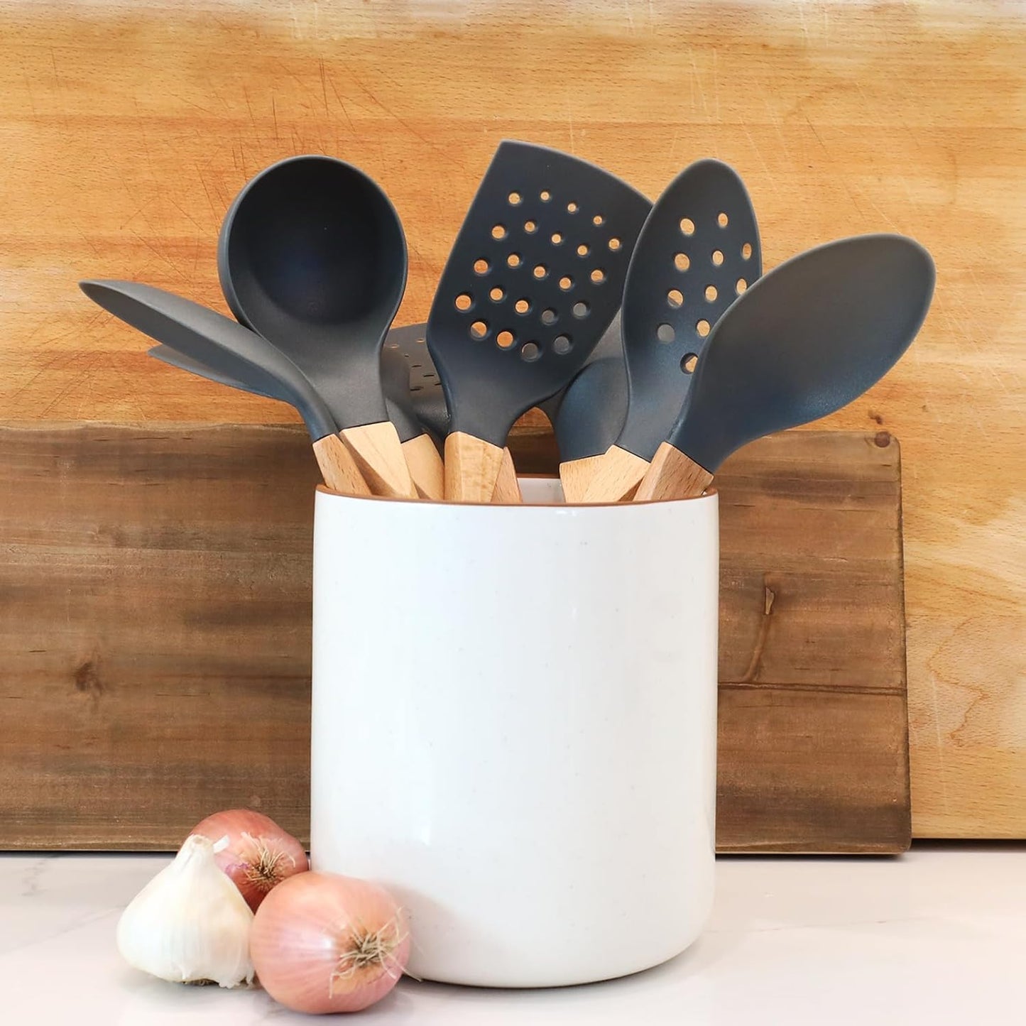 Beille Grey Nylon Spoon with Wooden Handle Kitchen Utensils High Heat Resistance, 13 Inch