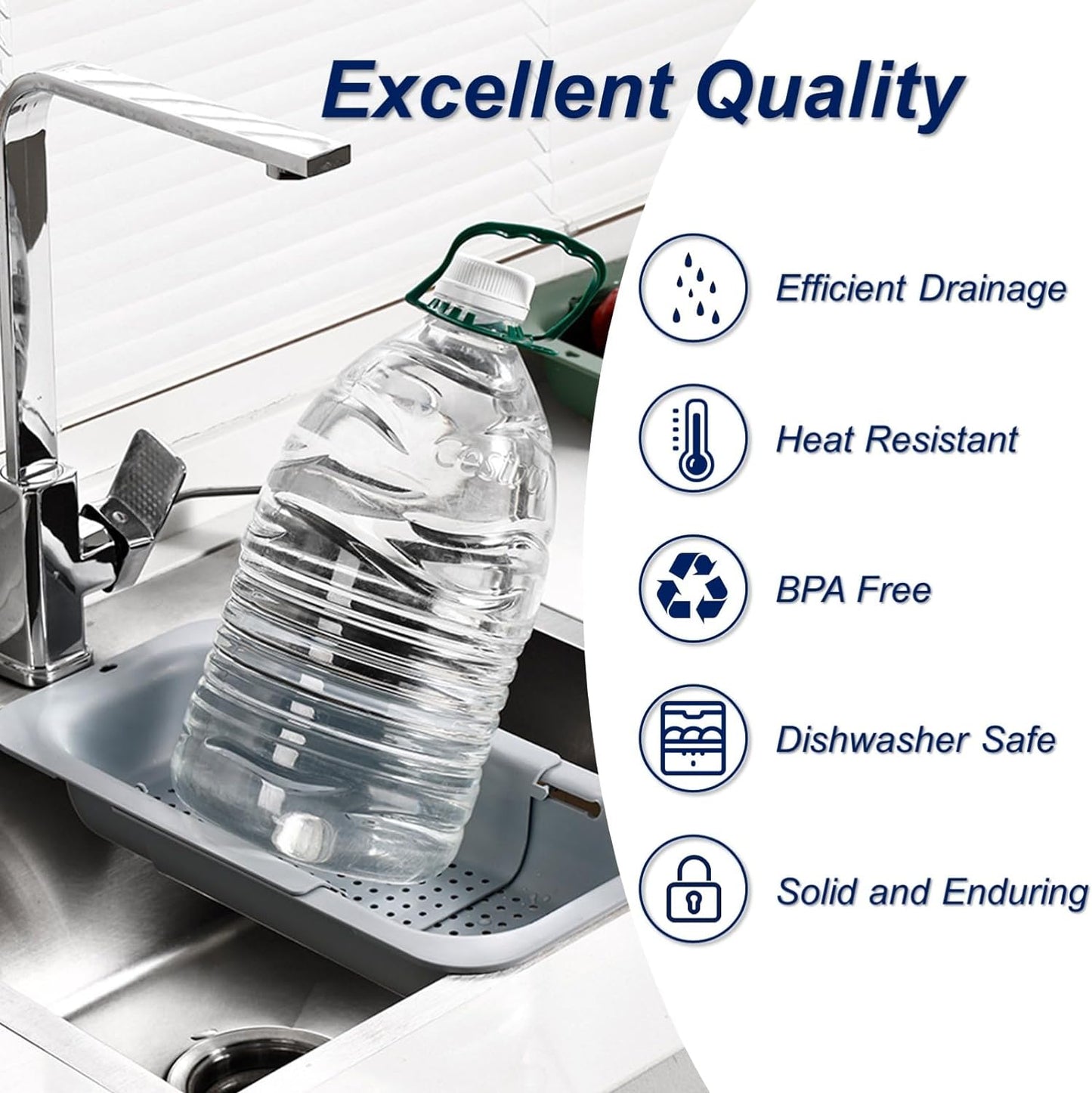 Extendable Sink Colander Strainer Basket - Wash Vegetables and Fruits, Drain Cooked Pasta and Dry Dishes - Adjustable Over the Sink Colander Collapsible Drainer Basket -Gray