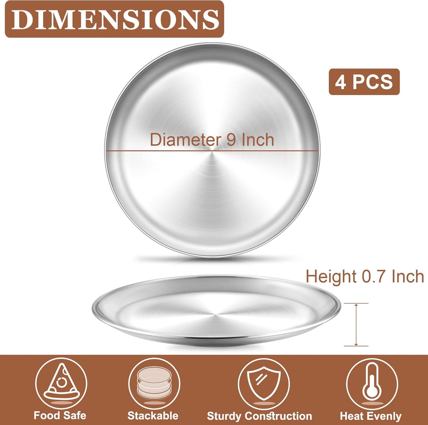 TeamFar 9 Inch Pizza Pan Set of 4, Stainless Steel Small Pizza Pie Trays, Metal Round Pizza Dish Plates for Oven Bakeware Baking Cooking Serving, Non-Toxic & Heavy Duty, Stackable & Dishwasher Safe