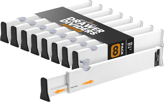 RAPTUROUS Adjustable Drawer Dividers, 2.5" Tall, Expandable 13-22", 8-Pack, Non-Slip for Dresser, Closet, Kitchen, Nursery, and Office (White)