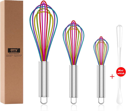 Silicone Whisk,Professional Whisks For Cooking Non Scratch,Stainless Steel & Silicone Wisk,Plastic Rubber Whisk Tool For Nonstick Cookware,Silicon Wisks Set of 3,Rainbow,for Blending,Colorful.