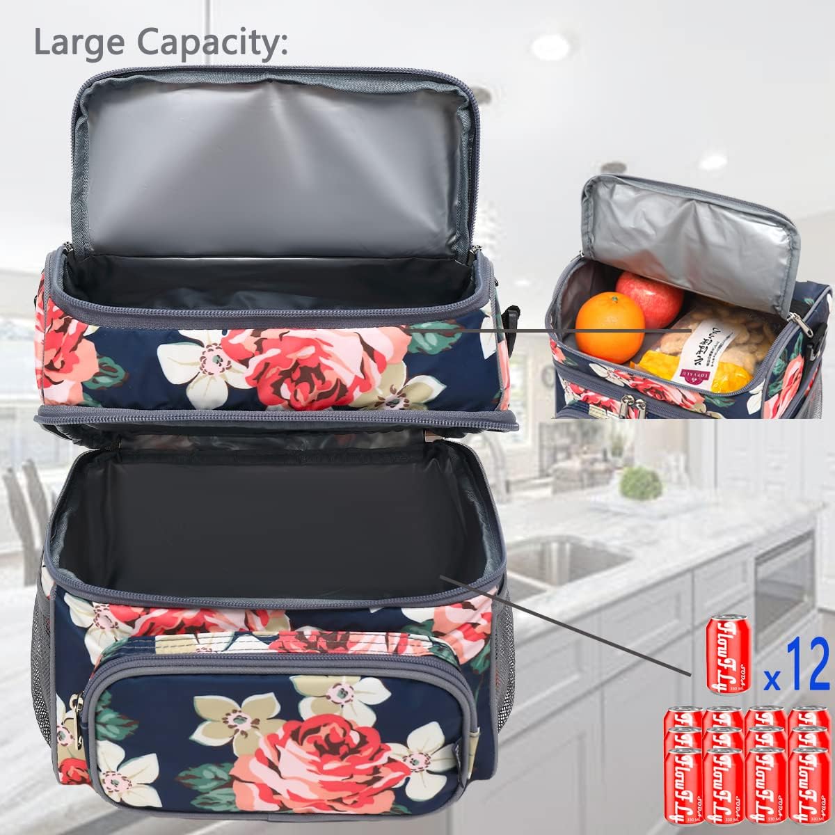 FlowFly Double Layer Cooler Insulated Lunch Bag Adult Lunch Box Large Tote Bag for Men, Women, With Adjustable Strap,Front Pocket and Dual Large Mesh Side Pockets