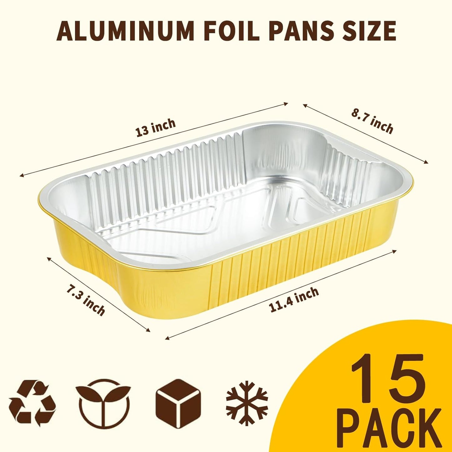 Aluminum Pans with Lids Half Size 9x13 Extra Heavy Duty (15 Pack + 15 Lids), Disposable Gold Aluminum Foil Baking Pans Double Thick Tin Foil Food Container with Lids for Baking, Heating, Cooking