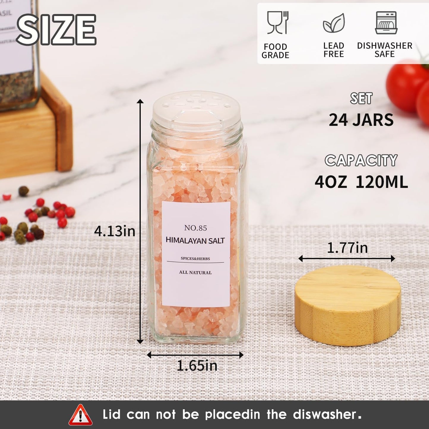 Spice Jars - 24 Pcs, Spice Jars with Labels, Glass Seasoning Jars with Bamboo Lids, Seasoning Containers,Empty Glass Spice Container Set , Seasoning Organizer, Kitchen Set, with Pepper Grinder