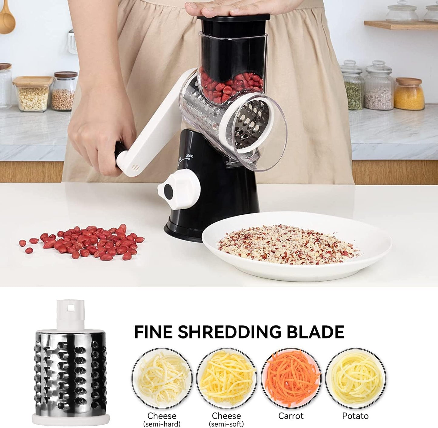 Rotary Cheese Grater Vegetable Shredder with Handle Round Kitchen Mandoline Slicer Grater for Nuts, Vegetable, Chocolate, Chesse - Black - 3 Replaceabe Stainless Steel Blades