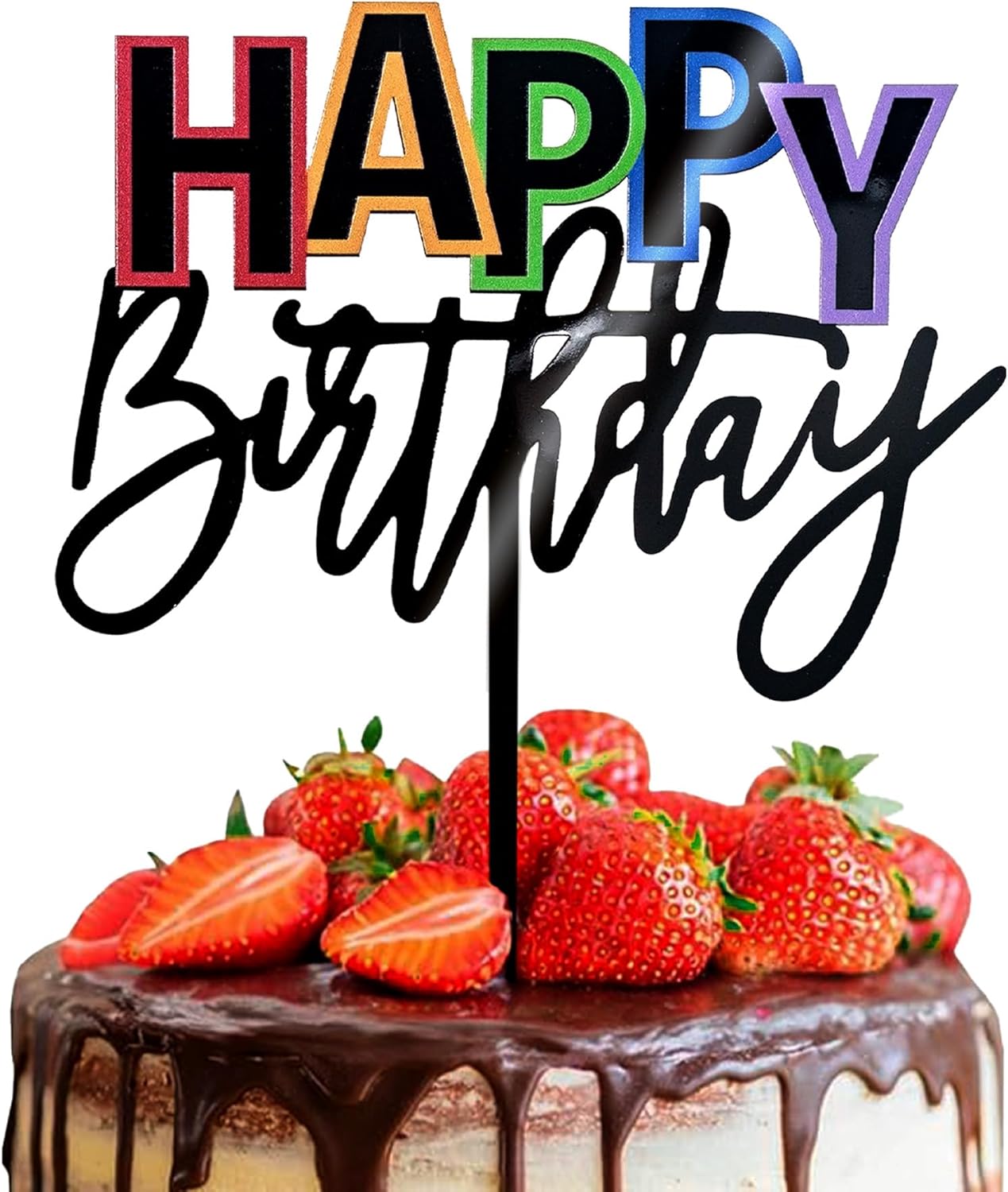 Acrylic Black Happy Birthday Cake Topper, 7.5" x 6" Rainbow Birthday Cake Decoration (Black)