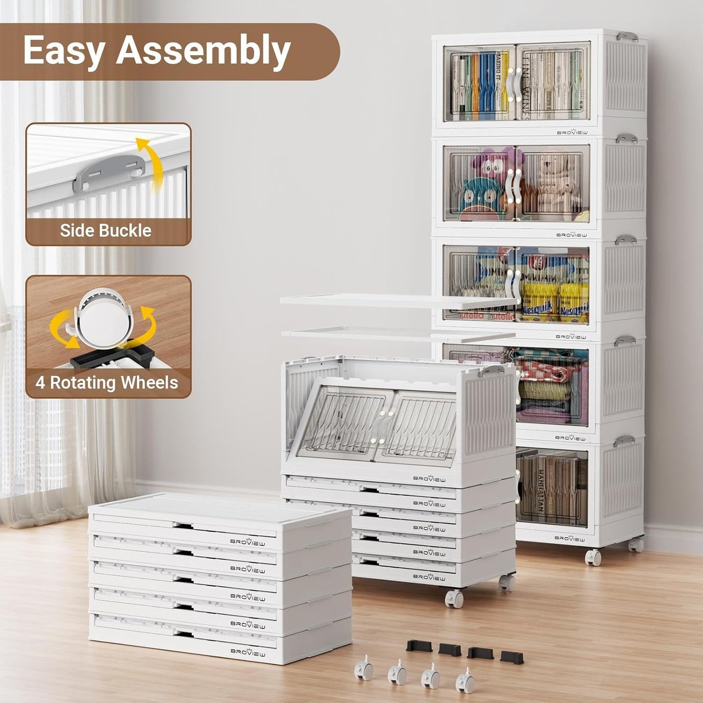 240Qt Stackable Storage Bins with Lid, Extra Large Closet Organizer Collapsible Drawer Boxes with Wheels, Folding Plastic Cabinet Containers for Home Kitchen Room Organization, 4Pack White