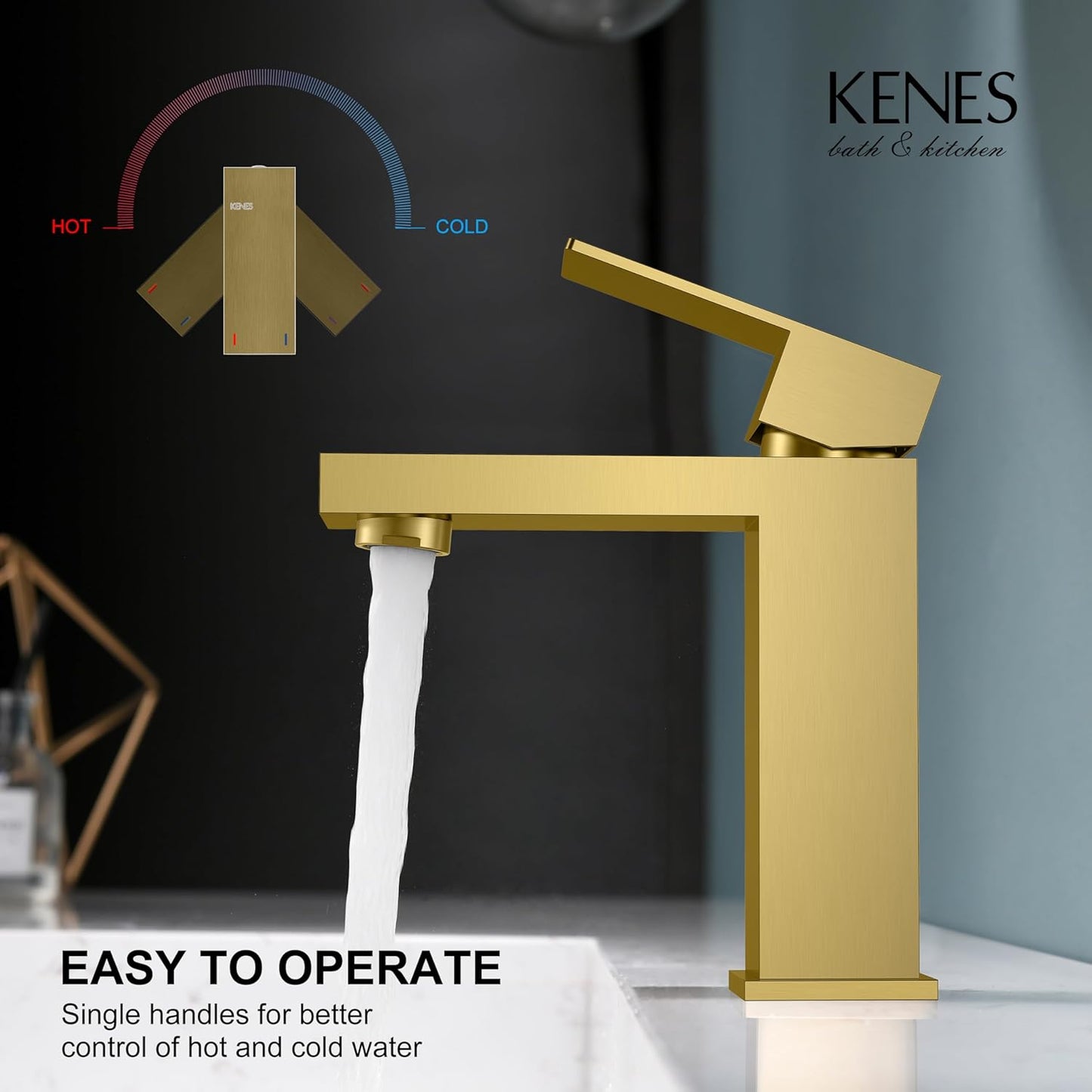 KENES Brushed Gold Bathroom Faucets, Modern Single Hole Lavatory Vanity Faucet, Single Handle Bathroom Sink Faucet Gold, with Pop Up Drain & Water Supply Hoses LJ-9031-4
