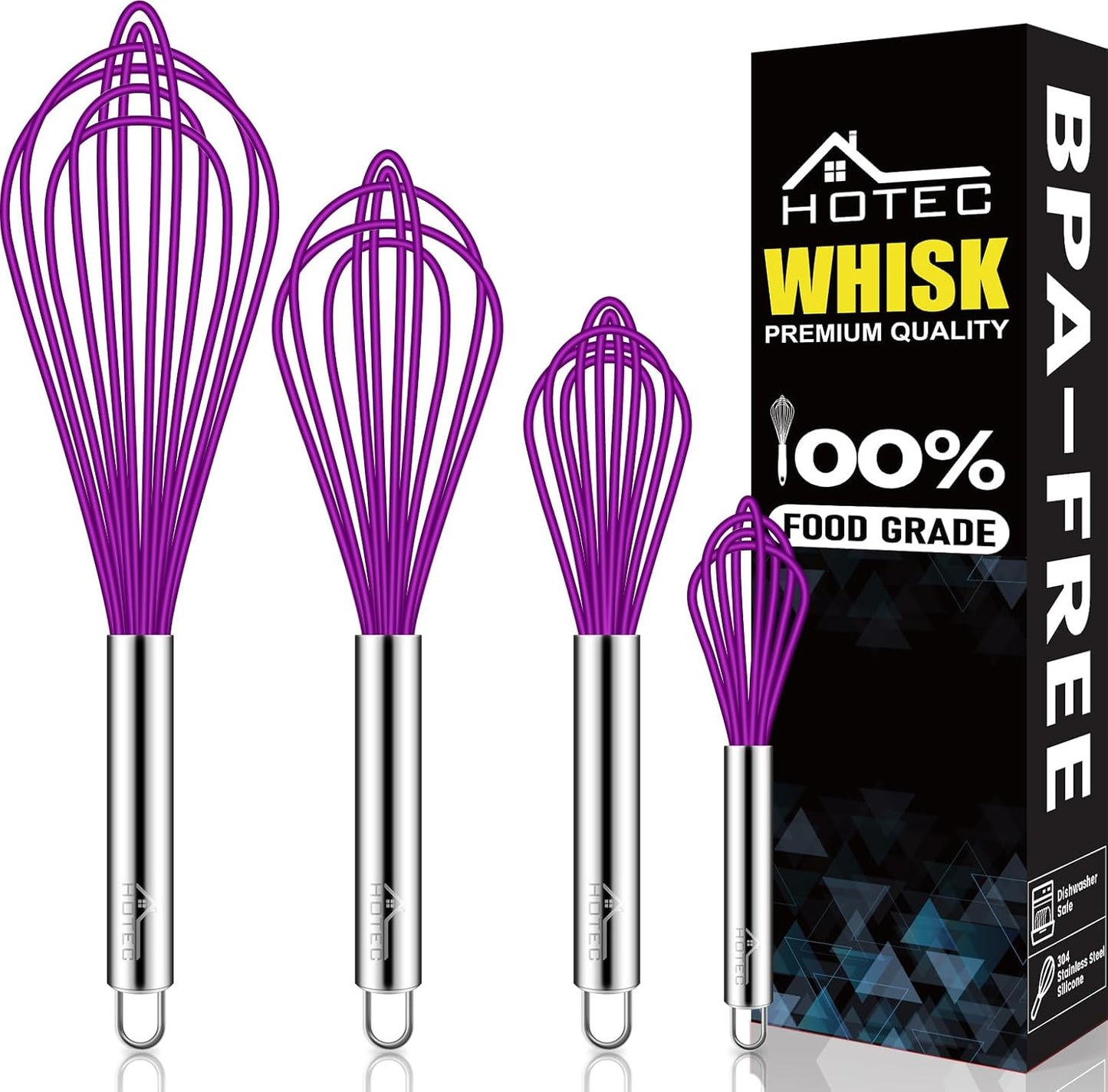 HOTEC 4 Pieces Silicone Whisks Set, Wire Balloon Whisks Egg Beater, Non-slip Handle Whisk for Non-stick Cookware Perfect for Cooking, Stirring, Beating and Blending (Purple)