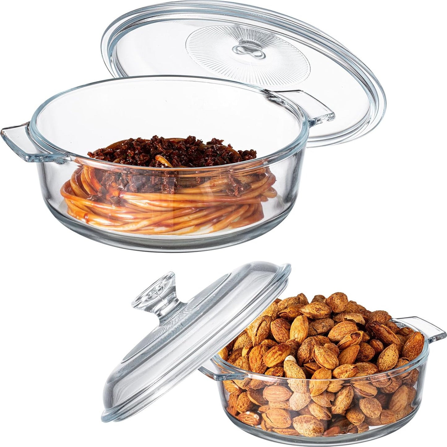 Maxcheck 2 Pieces Glass Casserole Dish with Lid Baking Casserole Dish Covered Cookware Microwave Bowls with Handle for Kitchen Restaurant Home Party Cooking, Oven Safe (Round,0.8L/ 1.7L)