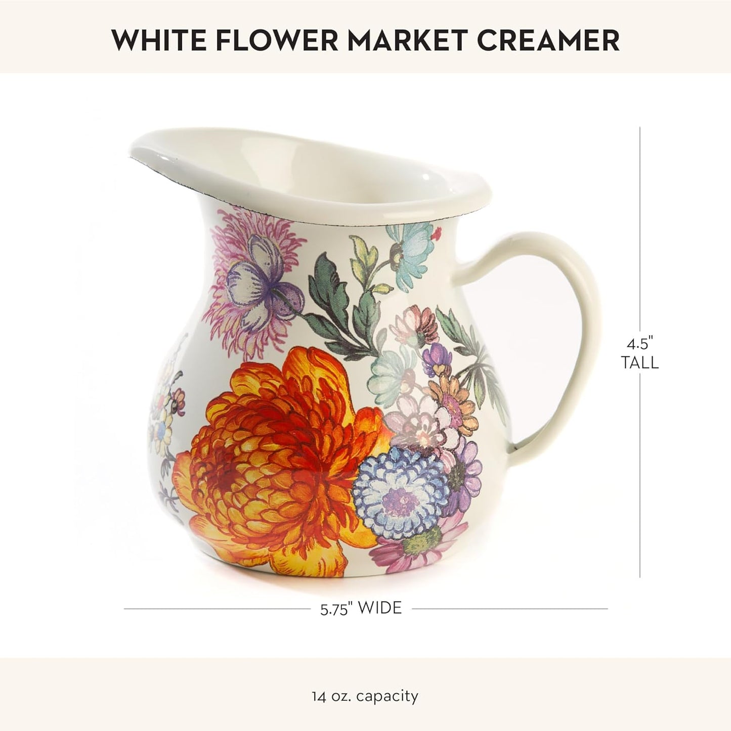 MACKENZIE-CHILDS Enamel Creamer, Creamer Dispenser with Pour Spout, Kitchen Enamelware, 14-Ounce Capacity, White Flower Market