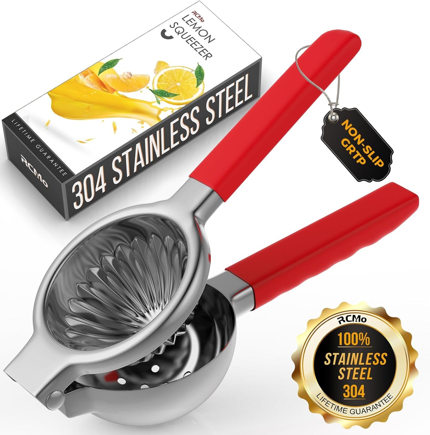 Lemon Squeezer Stainless Steel - Premium Quality, Heavy Duty Solid Metal Squeezer Bowl - Large Manual Citrus Press Juicer and Lime Squeezer (Red)