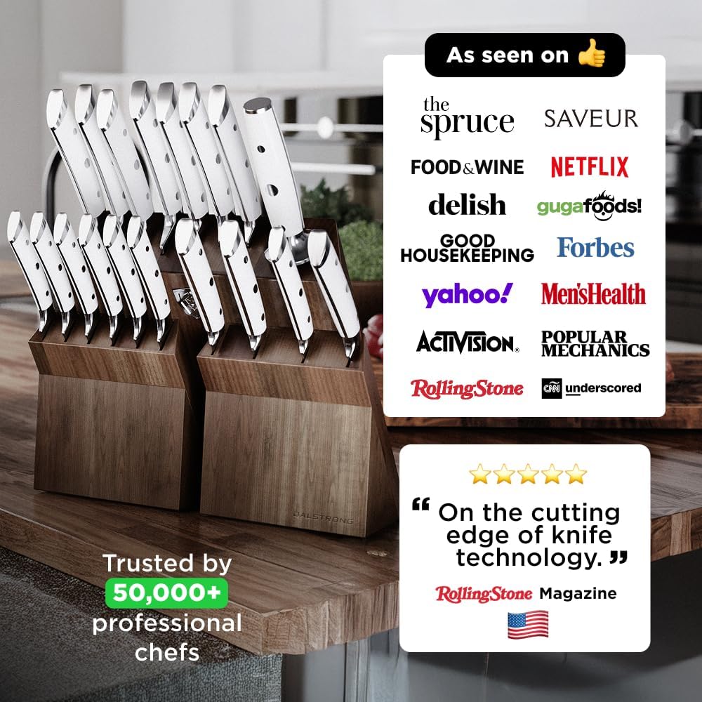 DALSTRONG Gladiator Series Elite-18pc Stainless Steel Knife Set with Block-High Carbon German Steel-Acacia Wood Block-Knife Set w/White Handles-NSF Certified-Men's Valentines Gift