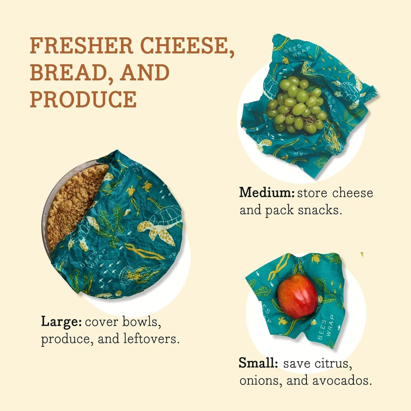 Bee's Wrap Beeswax Wraps for Food - Ocean 3 Pack (S, M, L) Made in USA Reusable & Organic Food Wraps, Sandwich Wrap & Bowl Covers - Eco-Friendly Alternative to Aluminum Foil & Plastic Wrap