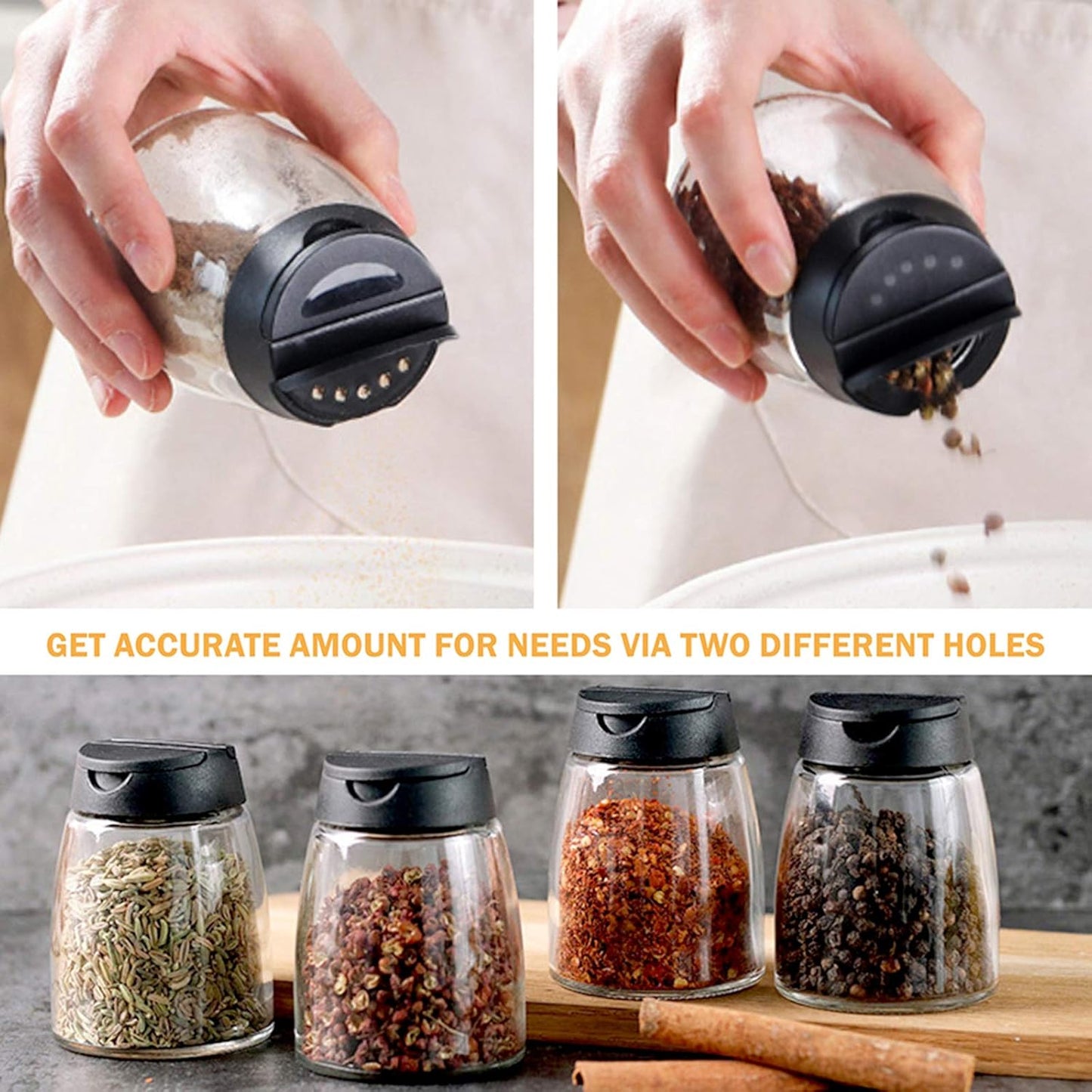 Glass Spice Jars, Double Lids Seasoning Shakers Glass Bottles Spice Shakers Sifter Barbecue Salt & Pepper Shaker Container (10 PCS Condiment Bottles + 1PCS Spices Grinder)