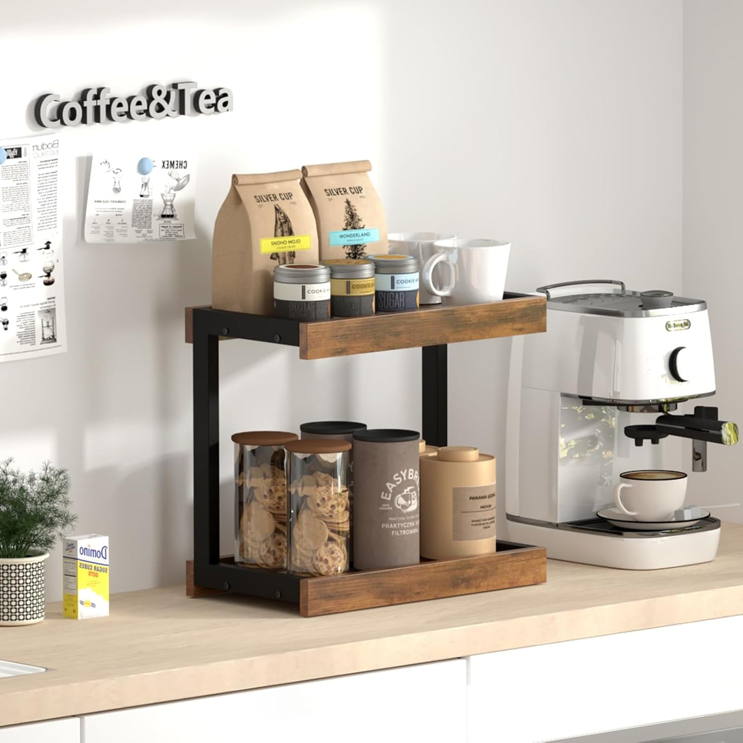 MARTY 2 Tier 15.75"x8.9" Large Countertop Shelf Organizer Spice Rack, Coffee Station Organizer for Mugs Cups, Wooden Shelf Desktop Storage Organizer for Kitchen Bathroom Home Office (Rustic Brown)