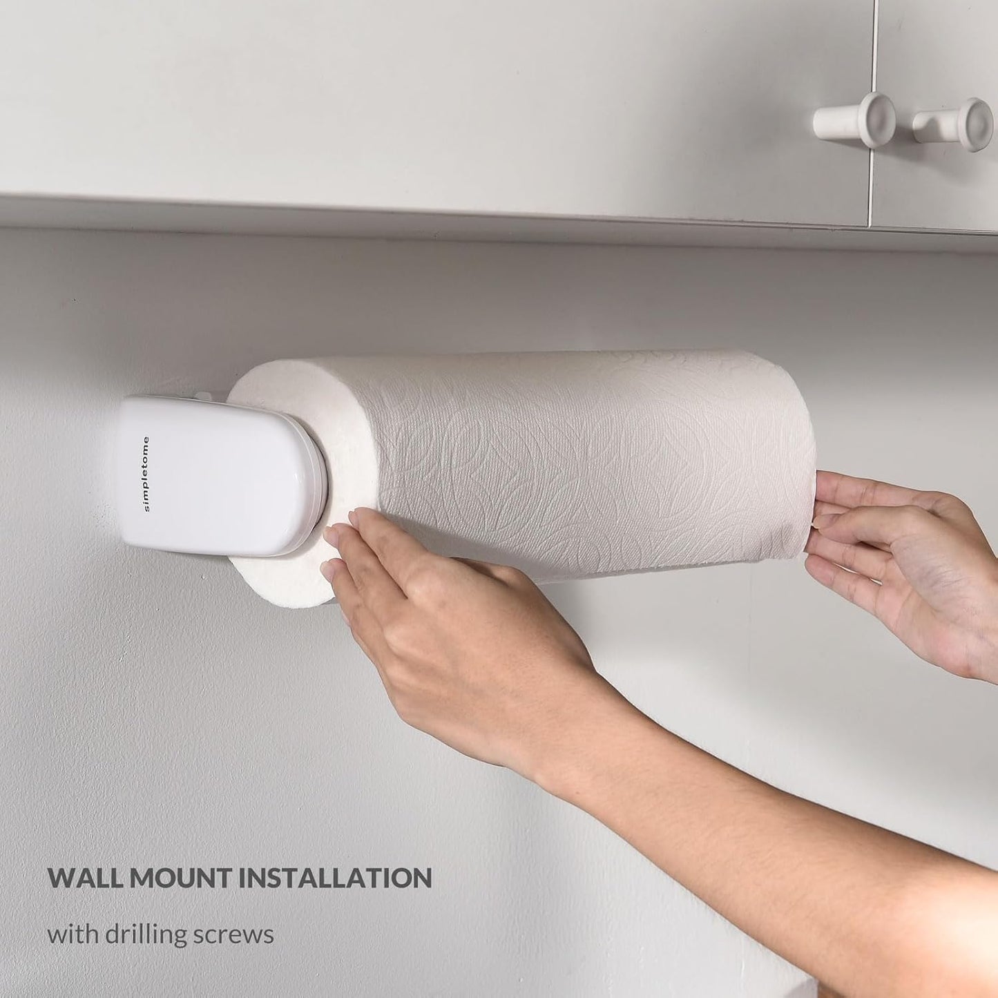simpletome Paper Towel Holder Under Cabinet or Wall Mount ONE Hand Operation Tension Arm Kitchen Roll Holder (White, for 18-23cm/7-9inches roll)