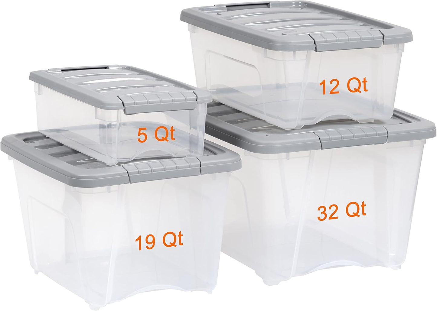 Amazon Basics Plastic Storage Containers with Secure Latching Lids, Stackable Organization Bins, 32 Quart, Set of 6, Clear/Grey