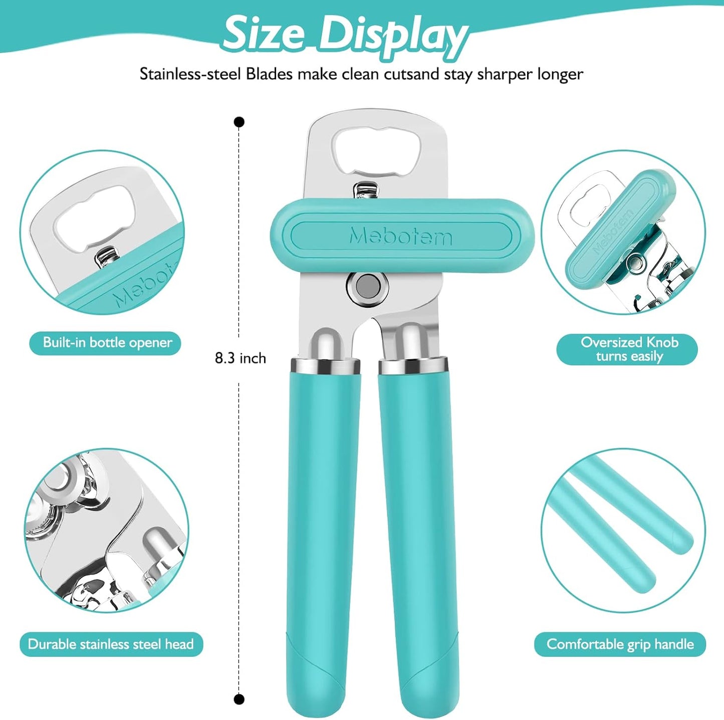 10 Colors Can Opener Manual Handheld Heavy Duty Hand Can Opener Smooth Edge Stainless Steel Can Openers Top Lid Kitchen Gadgets, Best Large Rated Easy Turn Knob, with Bottle Opener, Aqua Sky