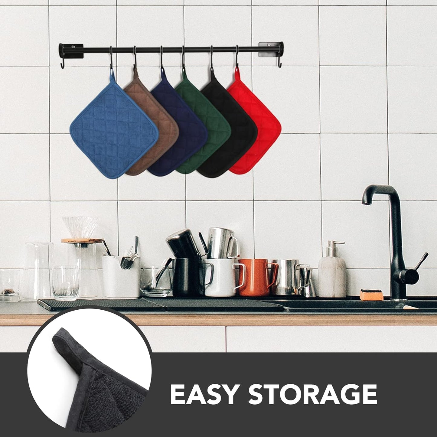 Joyhalo 4 Pack Pot Holders - Heat Resistant Oven Hot Pads, Terry Cloth, Black