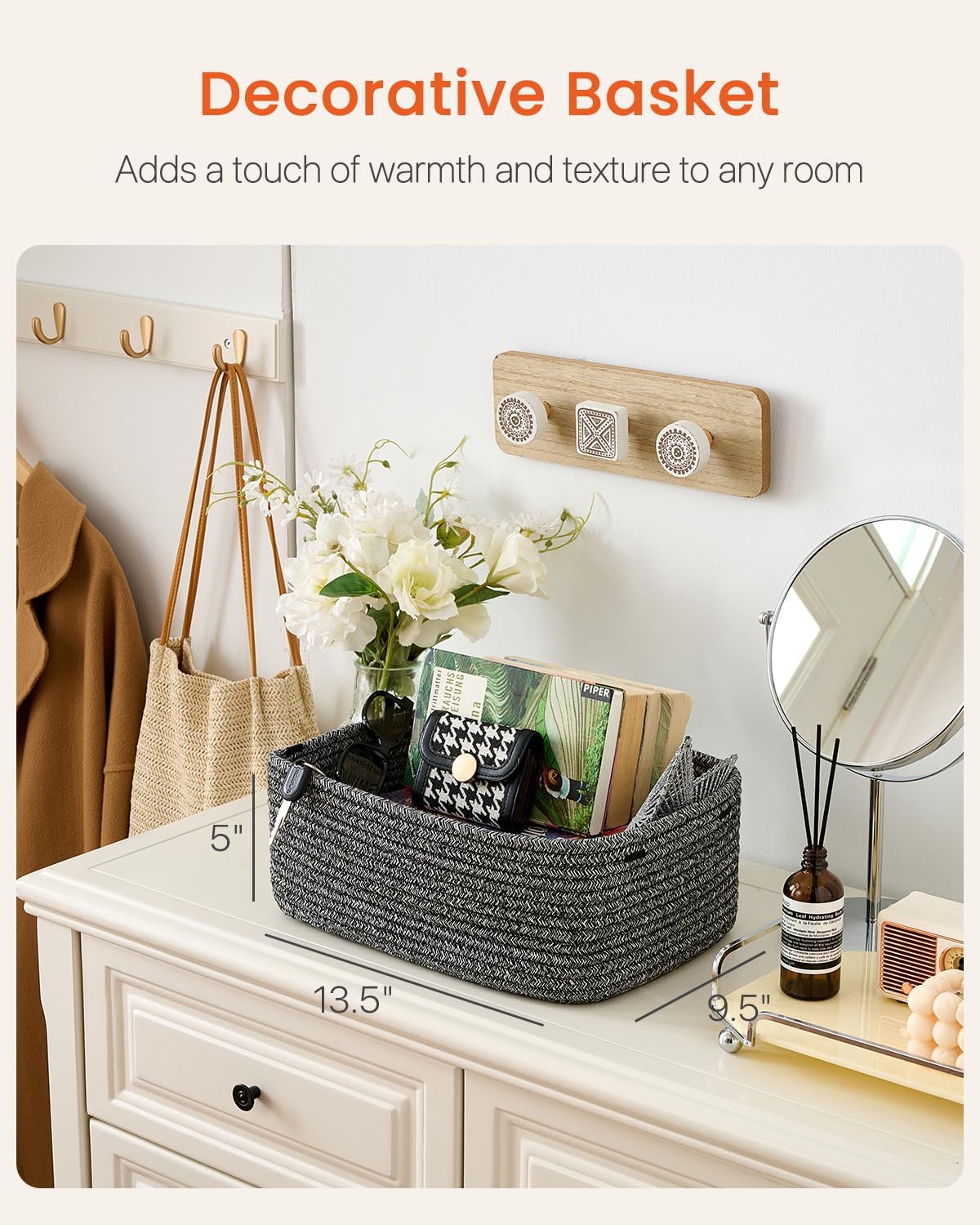 Small Woven Basket, 13.5 x 9.5 x 5 Inches, Storage Basket for Organizing, Cute Small Rope Shelf Closet Cube Storage Bins Baskets for Shelves, Dog Toy Gift Baskets Empty, 3 Pack Mixed Black