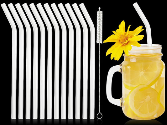 12 Pcs Reusable Glass Straws 8"x 8 mm Bent Glass Drinking Straws with Cleaning Brush for Tea, Smoothies, Milkshakes, Juices,Beverages(White jade)