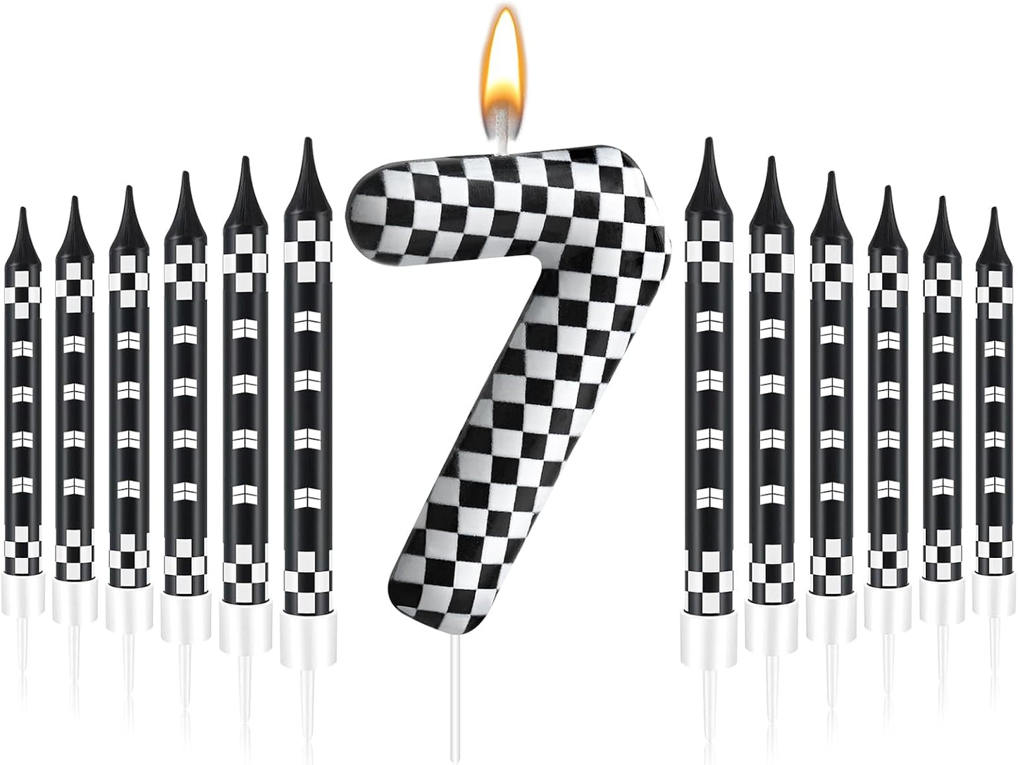13 Pcs Racing Cars Themed Birthday Candles Black and White Race Number 7 Checkered Candle Cake Topper for Racing Car Party Decoration Supplies (Number 7)