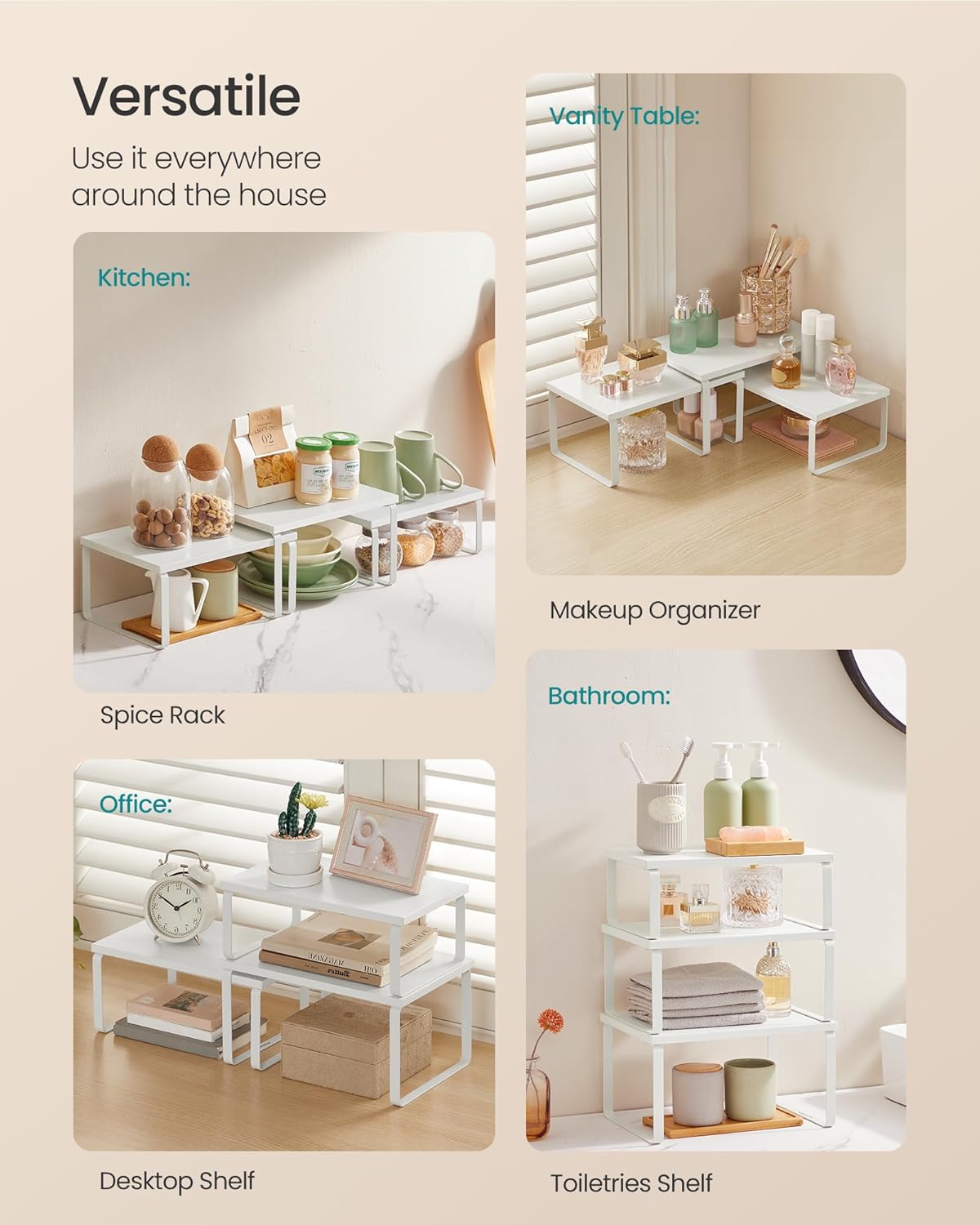 SONGMICS Cabinet Organizer Shelf, Set of 3 Kitchen Counter Shelves, Kitchen Storage, Spice Rack, Stackable, Expandable, Snow White and Matte White UKCS220W01