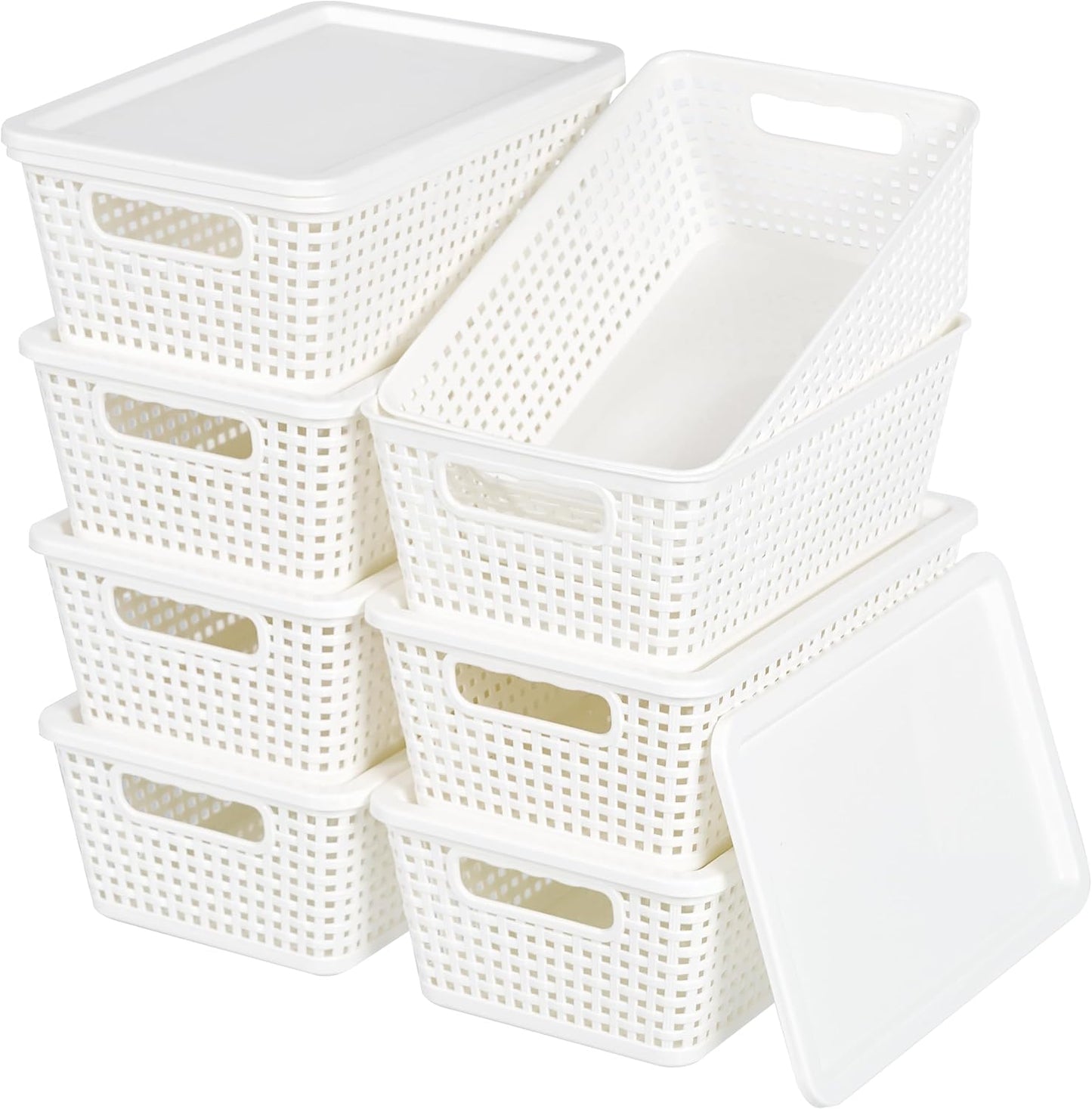 Plastic Storage Baskets With Lid, Storage Bins for Organizing, Stackable Decorative Containers for Shelves Drawers Desktop Closet Playroom Classroom Office, 8 Pack-White