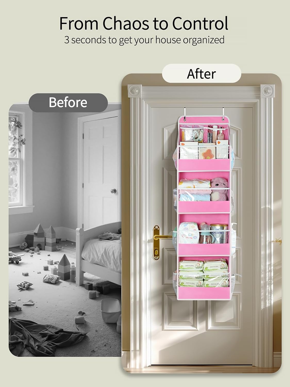 Yecaye 5 Tier 2Pc Over the Door Organizer, Swing-proof Door Organizer Hanging with Clear PVC Windows, Behind the Door Storage for Bedroom Nursery Closet Laundry Pantry Bathroom, Bubblegum Pink