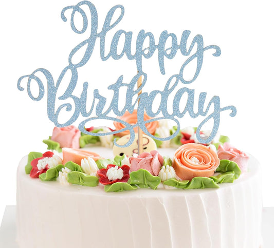 Happy Birthday Cake Toppers 9 Inch Glitter Happy Birthday Cake Pick for Birthday Anniversary Theme Party Cake Decorations Supplies - Litht Blue